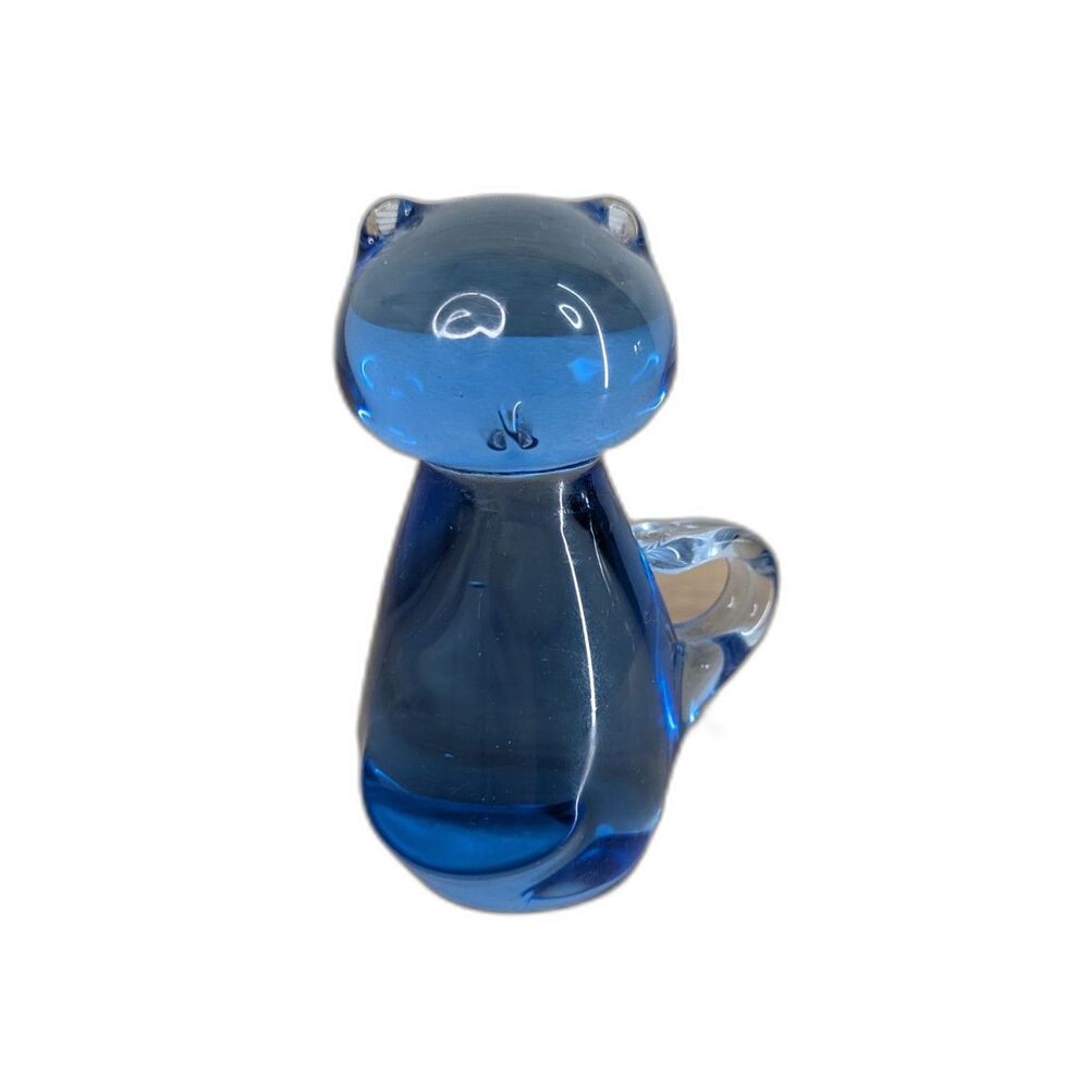 Vintage Cat Glass Art Figurine Light Blue to Clear Collectible Paperweight